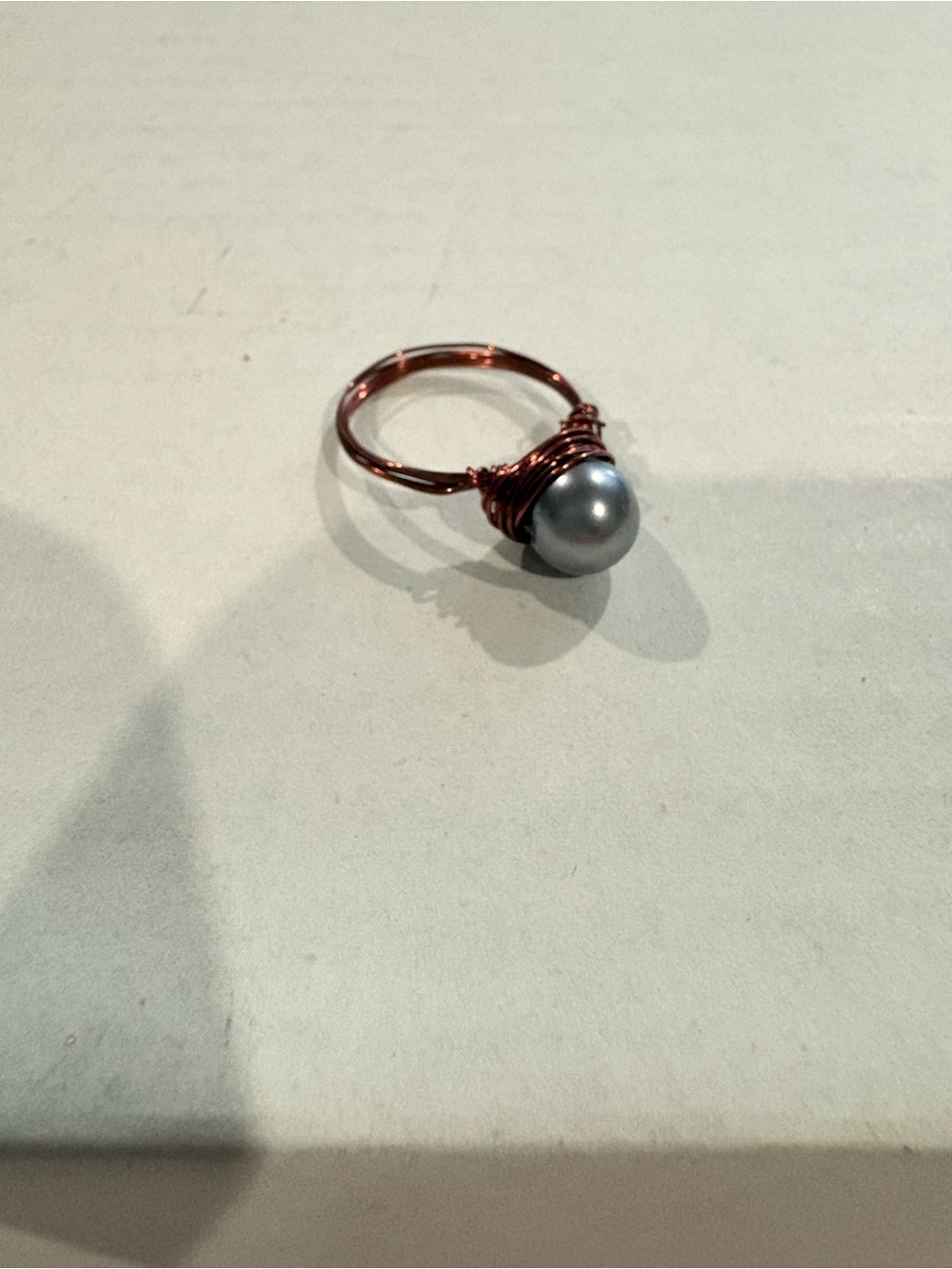 Handmade Copper Wire Wrapped Ring Featuring A Grey Pearl Size 6 1/2